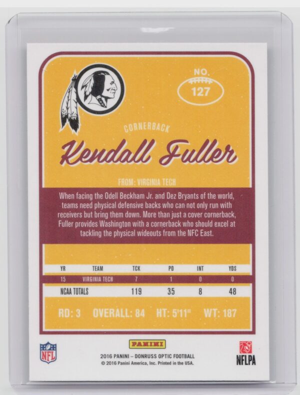 2016 Donruss Optic Kendall Fuller Holo #127 Redskins - Image 3
