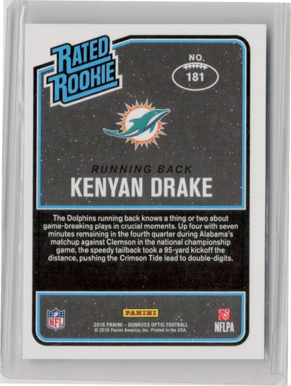 2016 Donruss Optic Kenyan Drake RC #181 Dolphins - Image 3