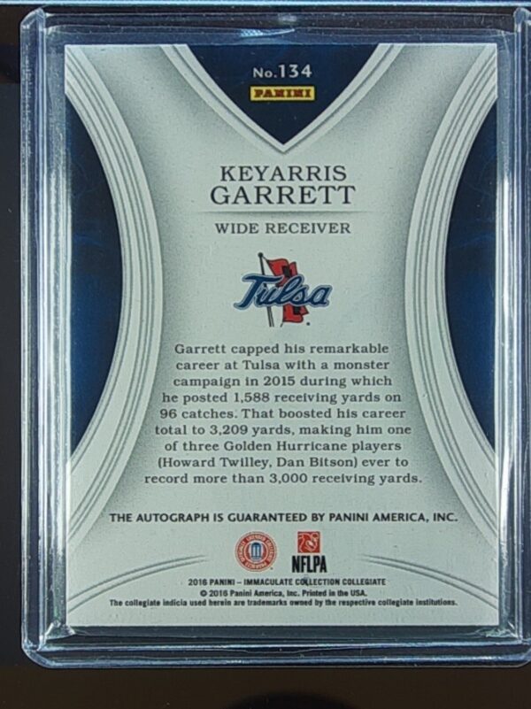 2016 Immaculate Collegiate Keyarris Garrett AUTO /99 #134 Hurricane - Image 3