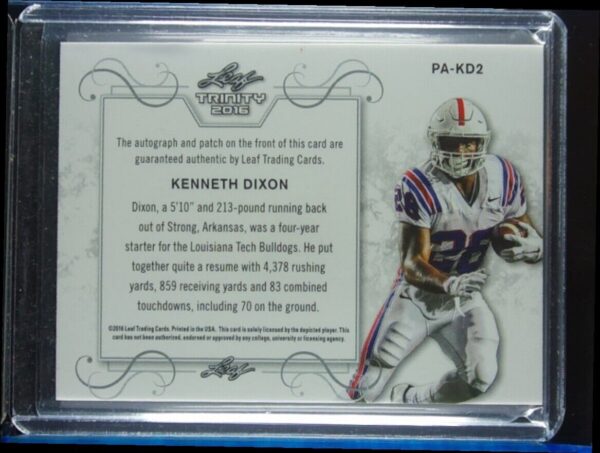 2016 Leaf Trinity Kenneth Dixon AU MEM #PA-KD2 Bulldogs Patch Autograph Gold - Image 3