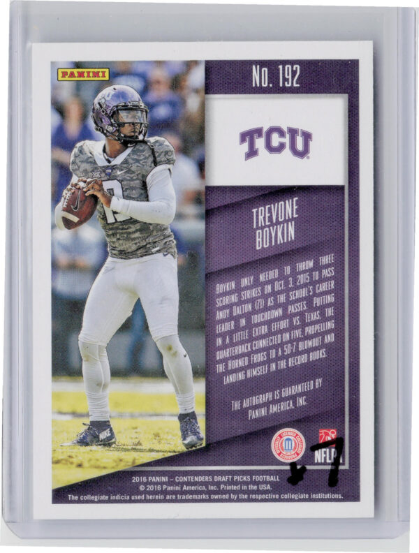 2016 Panini Contenders Draft Picks Trevone Boykin AU #192 Frogs - Image 3