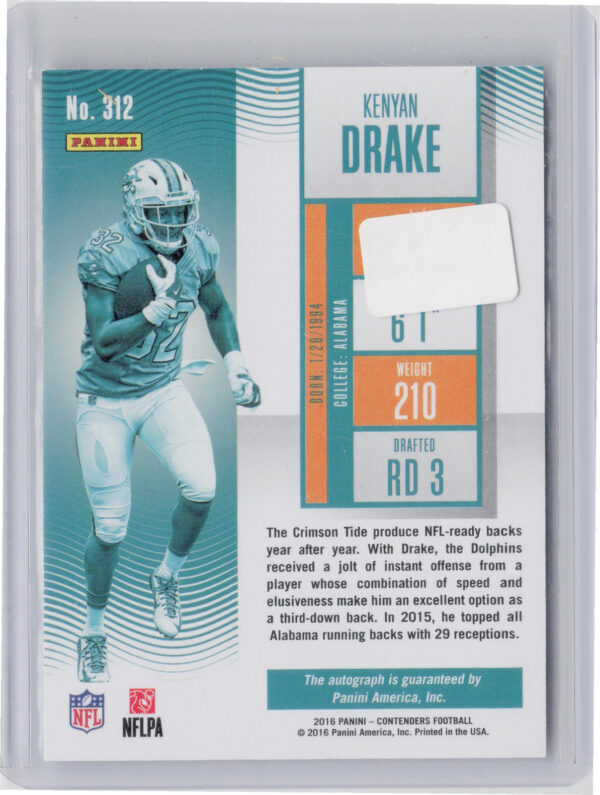 2016 Panini Contenders Kenyan Drake #312 Dolphins - Image 3