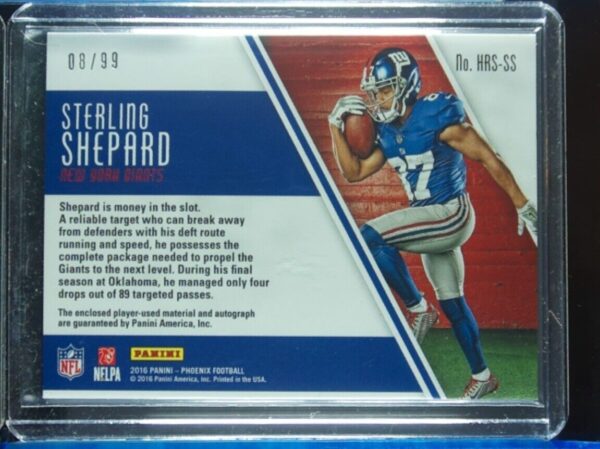 2016 Panini Phoenix Sterling Shepard AU SN99 MEM #HRS-SS Giants Hot Rookie Mater - Image 3