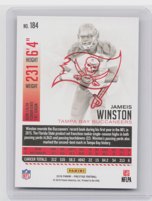 2016 Panini Prestige Jameis Winston Xtra Points Blue #184 Buccaneers - Image 3