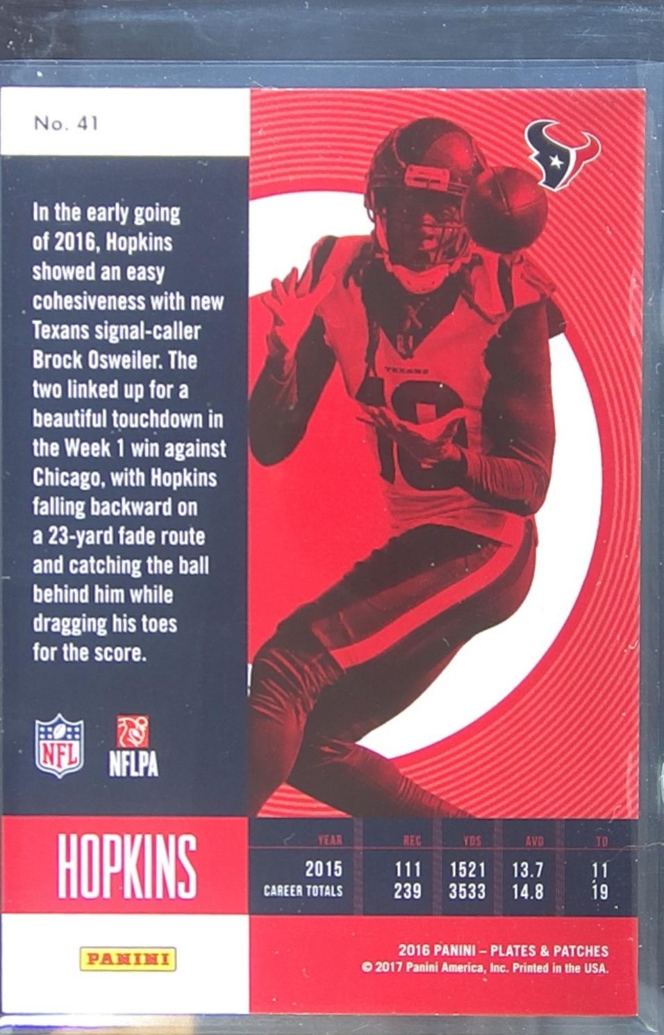 2016 Plates & Patches DeAndre Hopkins Red /10 #41 Texans - Image 3