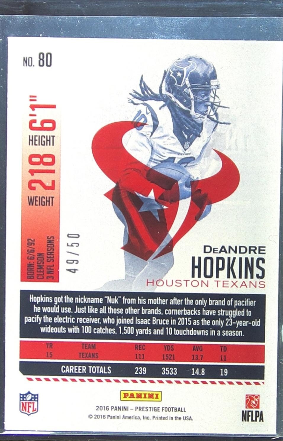 2016 Prestige DeAndre Hopkins Xtra Points Gold /50 #80 Texans - Image 3