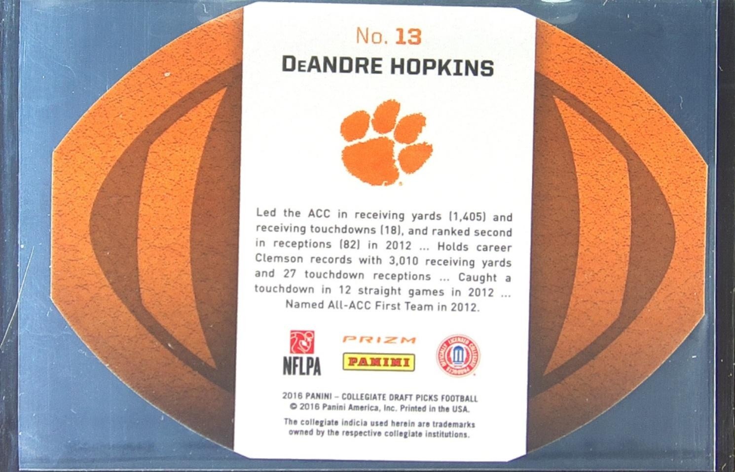 2016 Prizm Collegiate Draft Picks DeAndre Hopkins #13 Tigers Ball Die Cut - Image 3