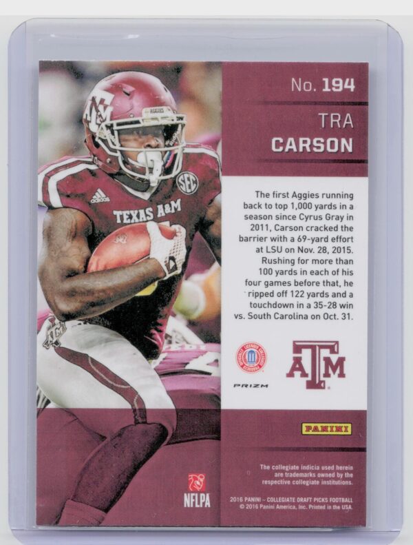 2016 Prizm Collegiate Draft Picks Tra Carson Prizms Red #194 Aggies - Image 3