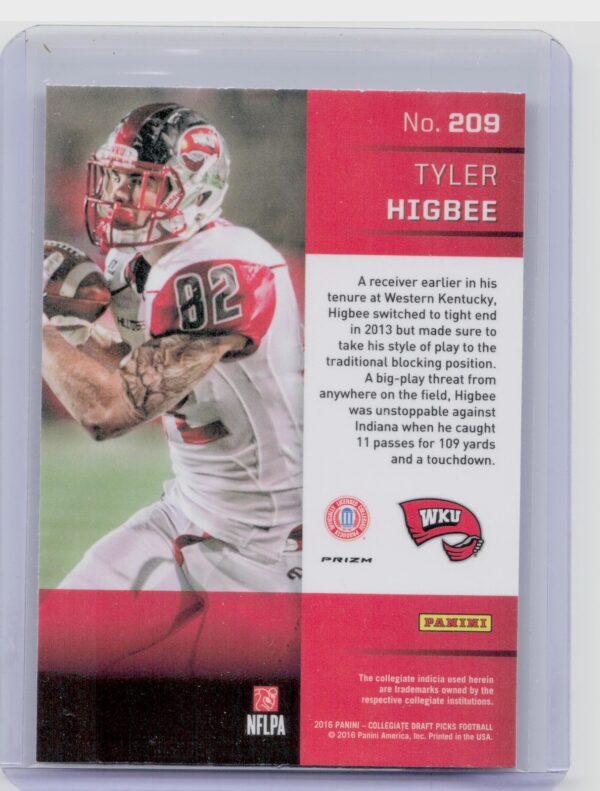 2016 Prizm Collegiate Draft Picks Tyler Higbee Prizms Red #209 Hilltoppers - Image 3