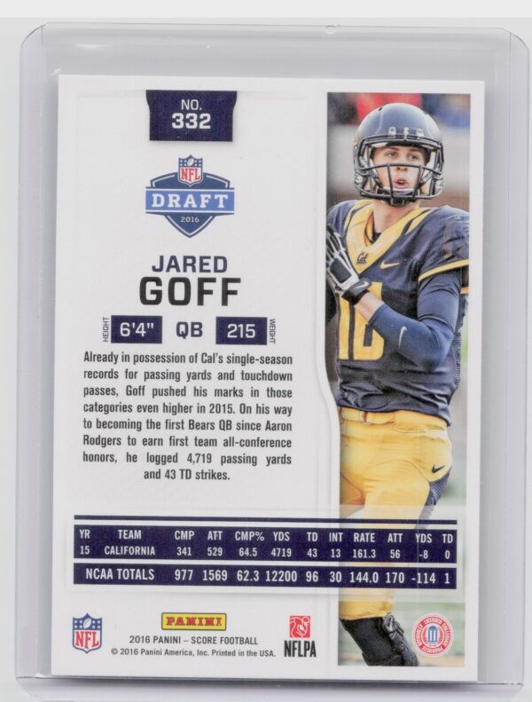 2016 Score Jared Goff Rookie #332 California Bears - Image 3