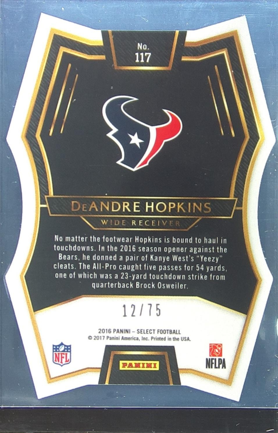 2016 Select DeAndre Hopkins Purple Die Cut Prizm /75 #117 Texans - Image 3