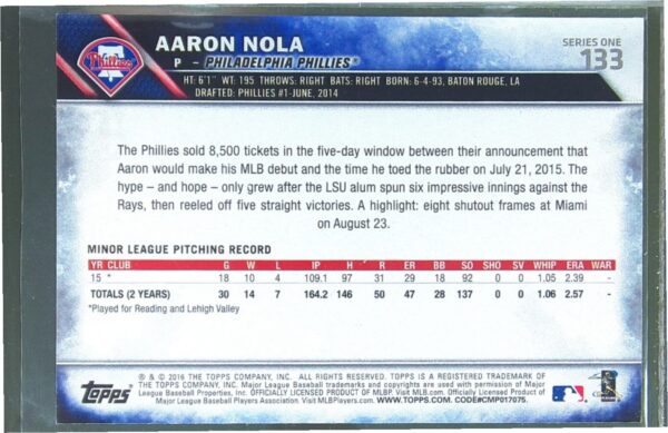 2016 Topps Aaron Nola RC #133 Phillies - Image 3