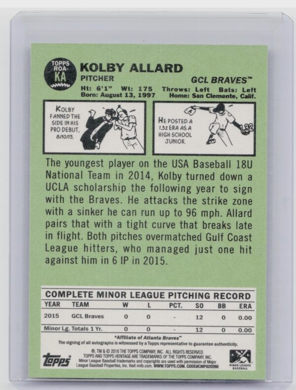 2016 Topps Heritage Minor League Kolby Allard AU #ROA-KA Braves Real One Autogra - Image 3