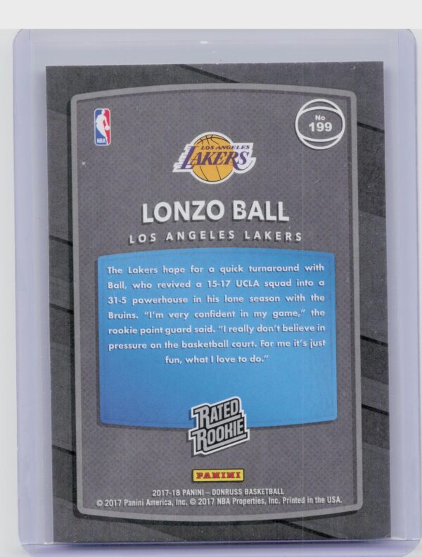 2017-18 Donruss Lonzo Ball RC #199 Lakers - Image 3