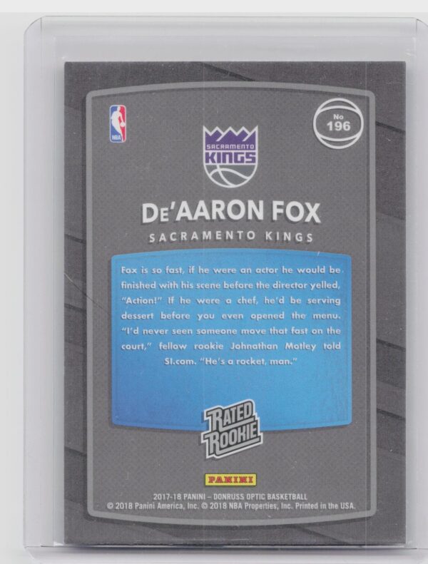 2017-18 Donruss Optic De'Aaron Fox 2017-18 Optic red and yellow #196 Kings - Image 3