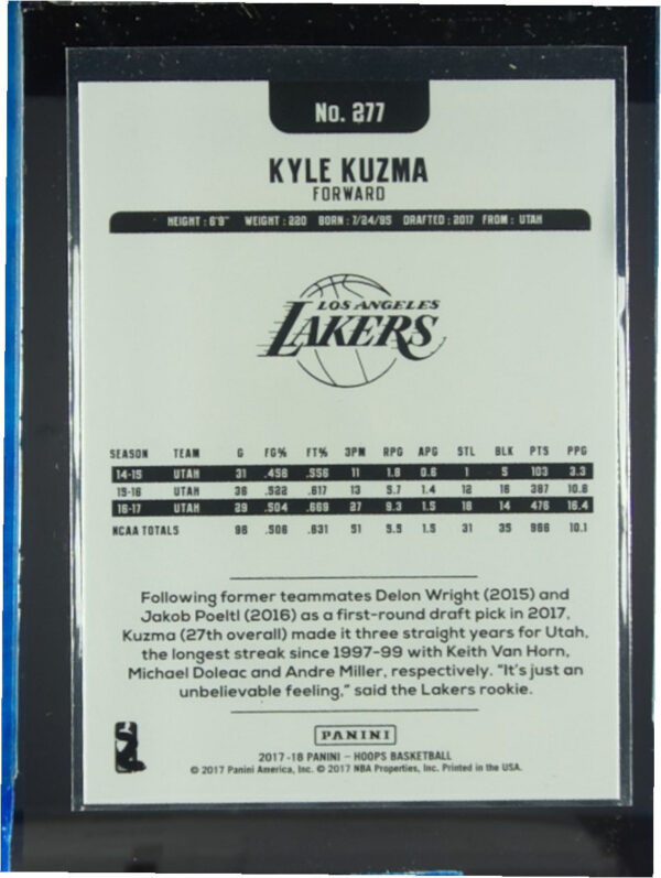 2017-18 Hoops Kyle Kuzma RC #277 Lakers - Image 3