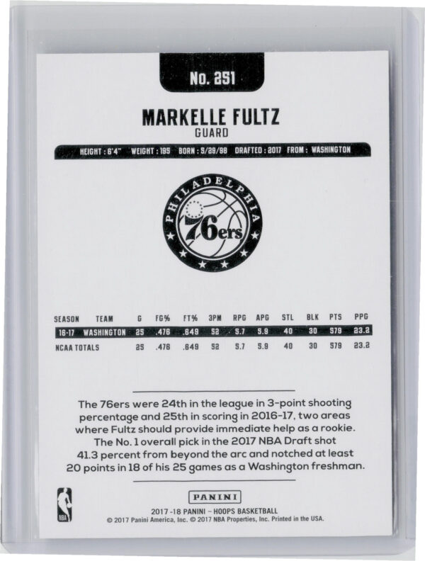 2017-18 Hoops Markelle Fultz Green SN99 #251 76ers - Image 3