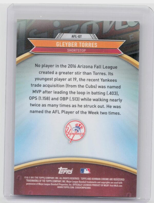 2017 Bowman Chrome Gleyber Torres #AFL-GT Yankees 2016 Arizona Fall League Fall - Image 3