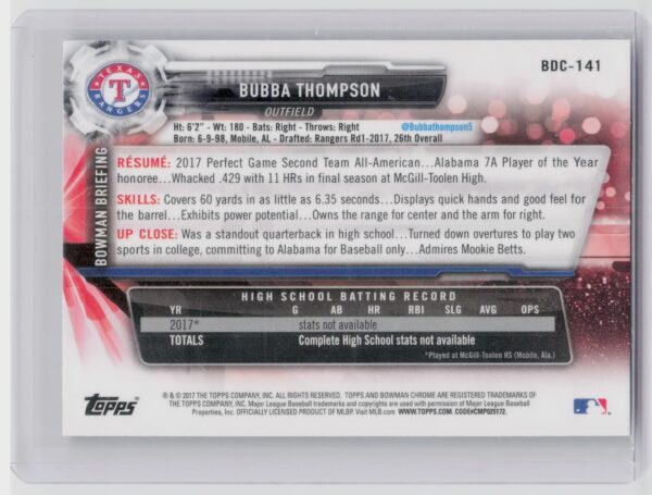 2017 Bowman Draft Bubba Thompson Chrome #BDC-141 Rangers - Image 3