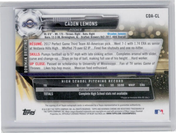 2017 Bowman Draft Caden Lemons AU #CDA-CL Brewers Chrome Draft Pick Autographs - Image 3