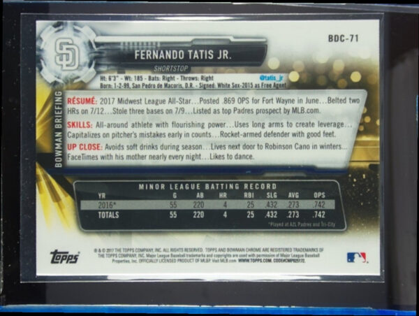 2017 Bowman Draft Fernando Tatis Jr. Chrome #BDC-71 Padres - Image 3