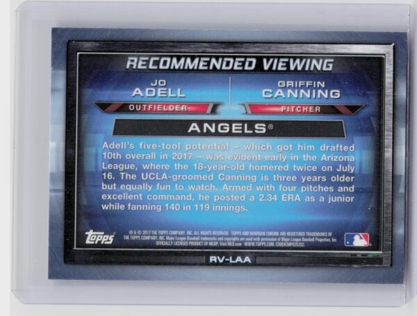 2017 Bowman Draft Jo Adell / Griffin Canning /5 #RV-LAA Angels Recommended View - Image 3