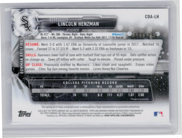 2017 Bowman Draft Lincoln Henzman AU SN150 #CDA-LH Sox Chrome Draft Pick Autogra - Image 3