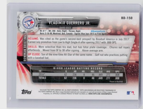 2017 Bowman Draft Vladimir Guerrero Jr. #BD-150 Jays - Image 3