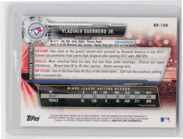 2017 Bowman Draft Vladimir Guerrero Jr. #BD-150 Jays - Image 3