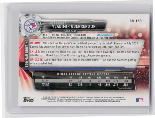 2017 Bowman Draft Vladimir Guerrero Jr. #BD-150 Jays - Image 3