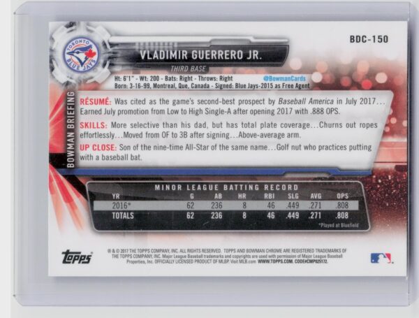 2017 Bowman Draft Vladimir Guerrero Jr. Chrome #BDC-150 Jays - Image 3