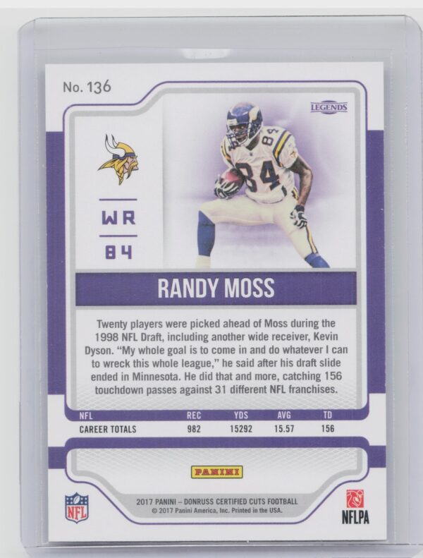 2017 Donruss Certified Cuts Randy Moss SN399 #136 Vikings - Image 3
