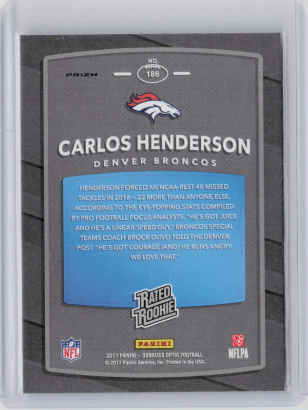 2017 Donruss Optic Carlos Henderson Pink #186 Broncos - Image 3