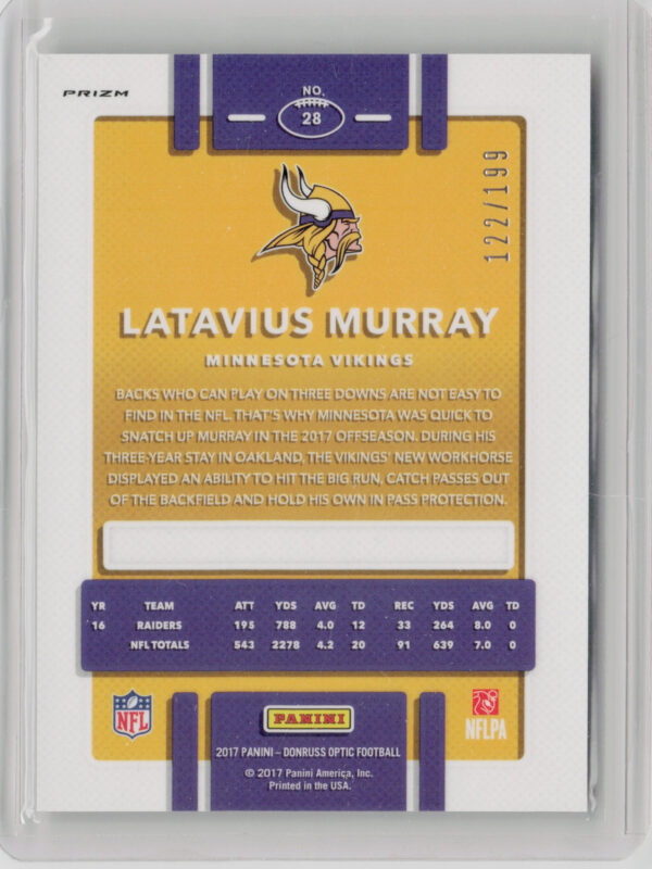 2017 Donruss Optic Latavius Murray Orange SN199 #28 Vikings - Image 3