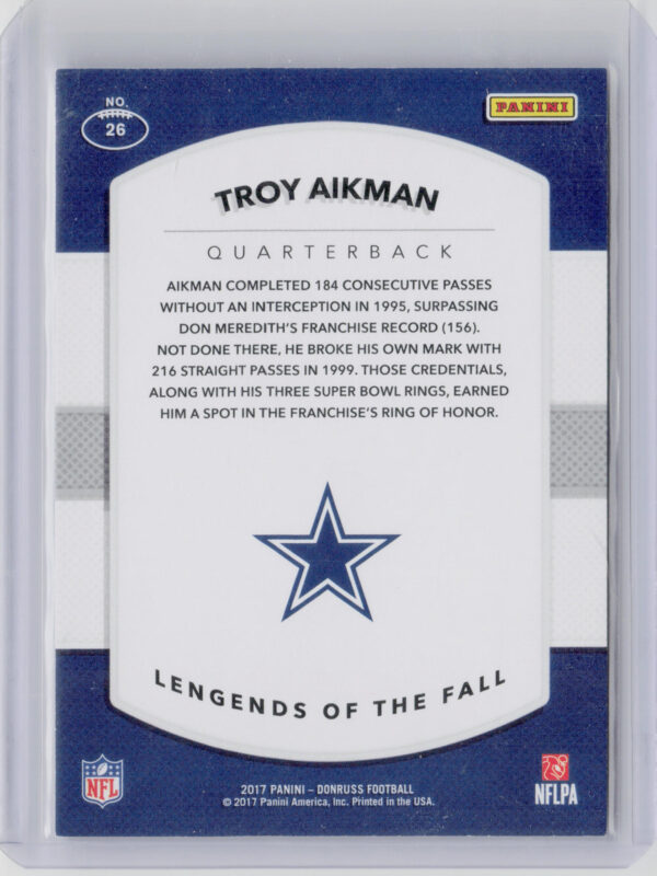 2017 Donruss Troy Aikman SN100 #26 Cowboys Legends of the Fall Holo - Image 3