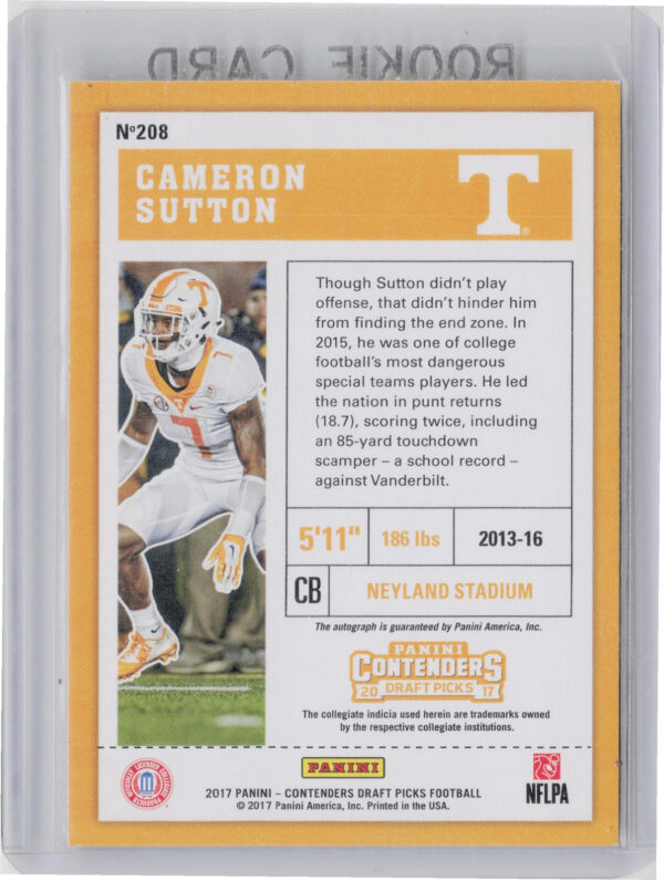 2017 Panini Contenders Draft Picks Cameron Sutton AU #208 Volunteers - Image 3