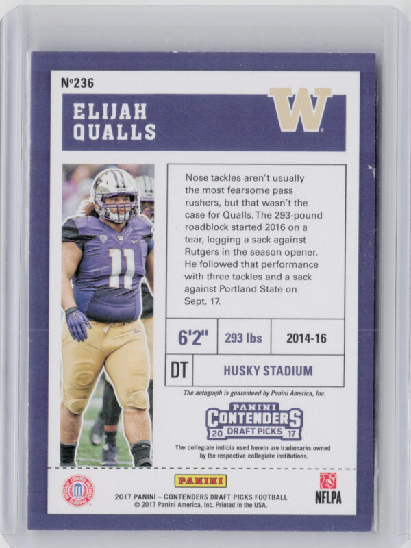 2017 Panini Contenders Draft Picks Elijah Qualls AU #236 Huskies - Image 3