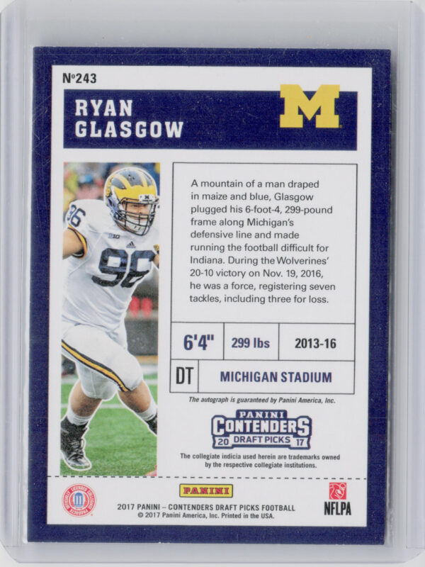 2017 Panini Contenders Draft Picks Ryan Glasgow Blue Foil AU #243 Wolverines - Image 3