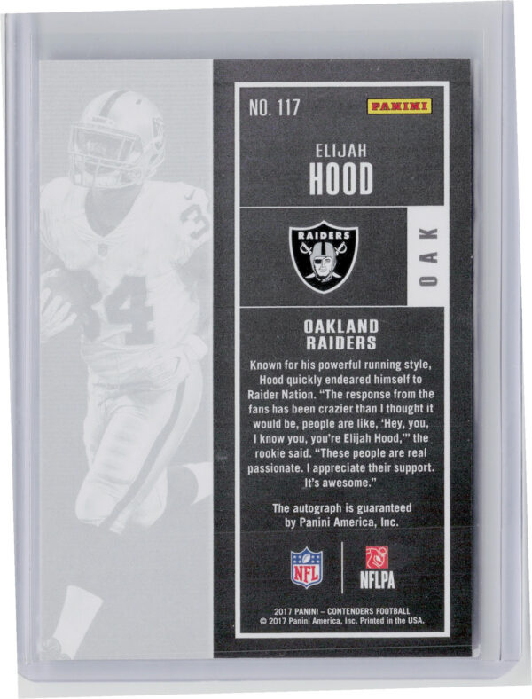 2017 Panini Contenders Elijah Hood AU RC #117 Raiders - Image 3