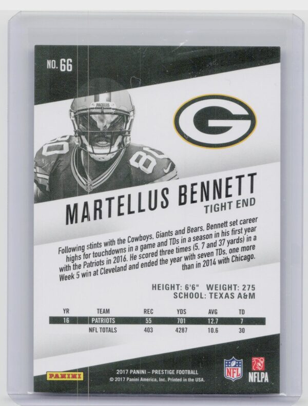 2017 Panini Prestige Martellus Bennett Xtra Points Platinum /25#66 Packers - Image 3