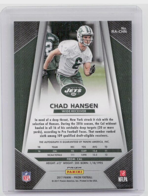 2017 Panini Prizm Chad Hansen AU #RA-CHN Jets Rookie Autographs Prizm - Image 3