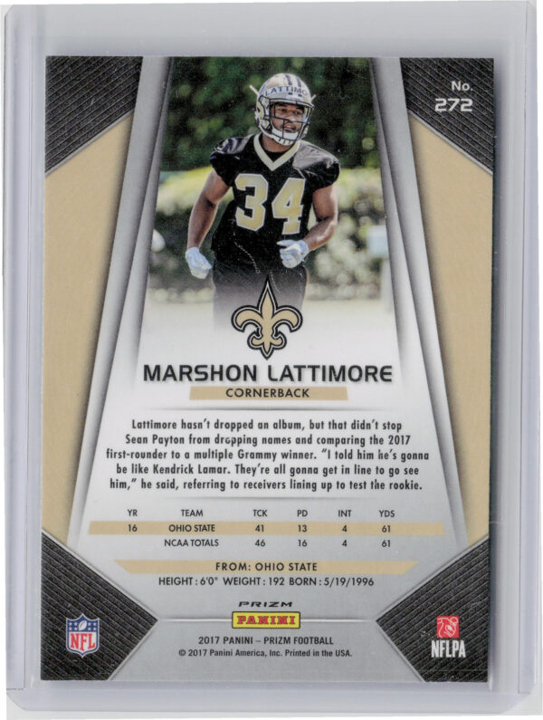 2017 Panini Prizm Marshon Lattimore Prizm #272 Saints - Image 3