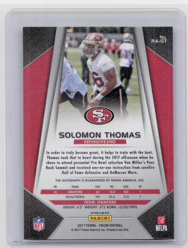 2017 Panini Prizm Solomon Thomas AU #RA-ST 49ers Rookie Autographs Prizm - Image 3