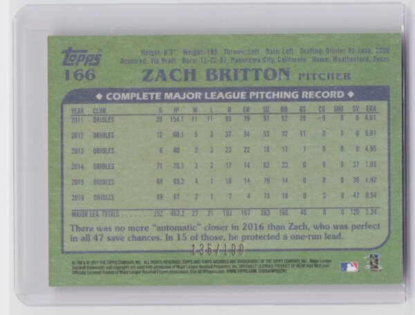 2017 Topps Archives Zach Britton Peach SN199 #166 Orioles - Image 3