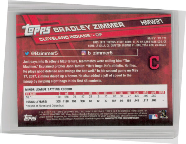 2017 Topps Holiday Bradley Zimmer RC #HMW21 Indians - Image 3