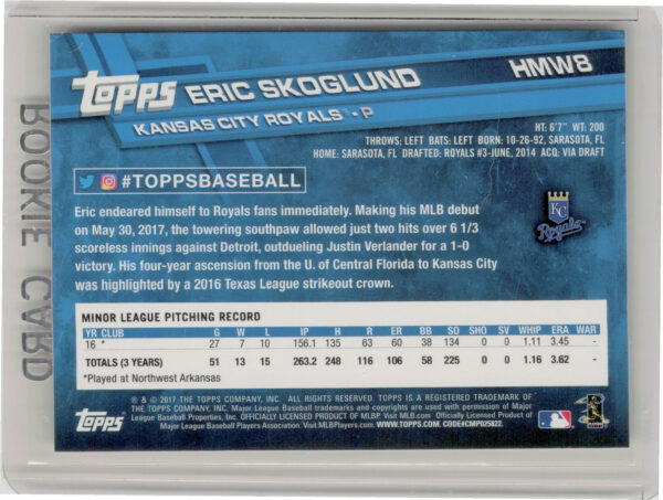 2017 Topps Holiday Eric Skoglund RC #HMW8 Royals - Image 3