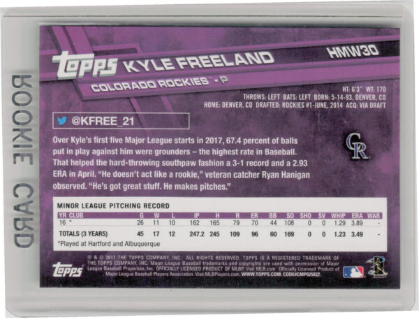 2017 Topps Holiday Kyle Freeland RC #HMW30 Rockies - Image 3