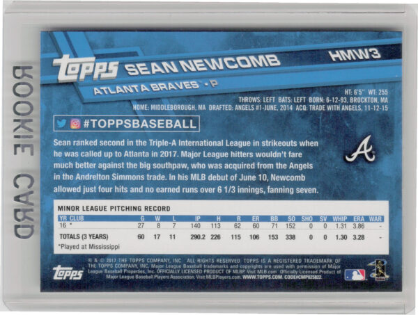 2017 Topps Holiday Sean Newcomb RC #HMW3 Braves - Image 3