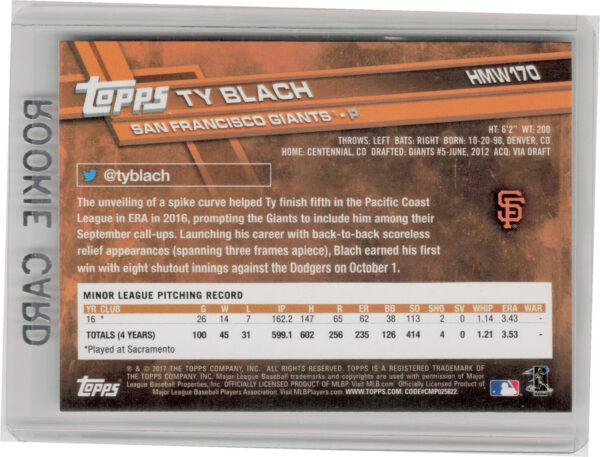 2017 Topps Holiday Ty Blach RC #HMW170 Giants - Image 3