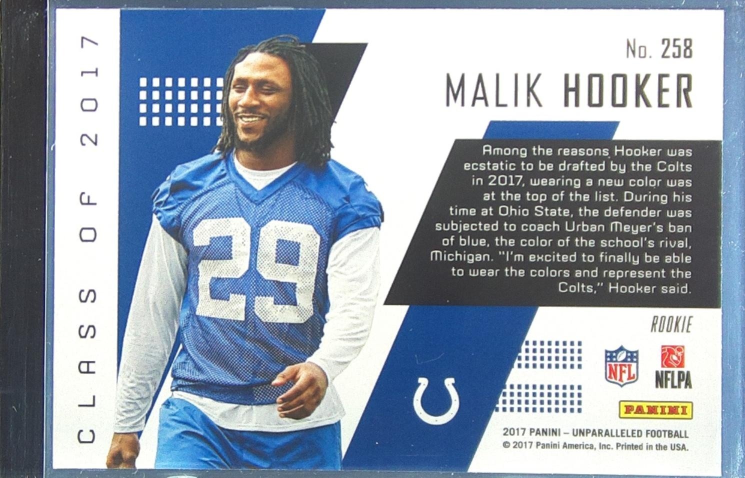 2017 Unparalleled Malik Hooker RC #258 Colts - Image 3